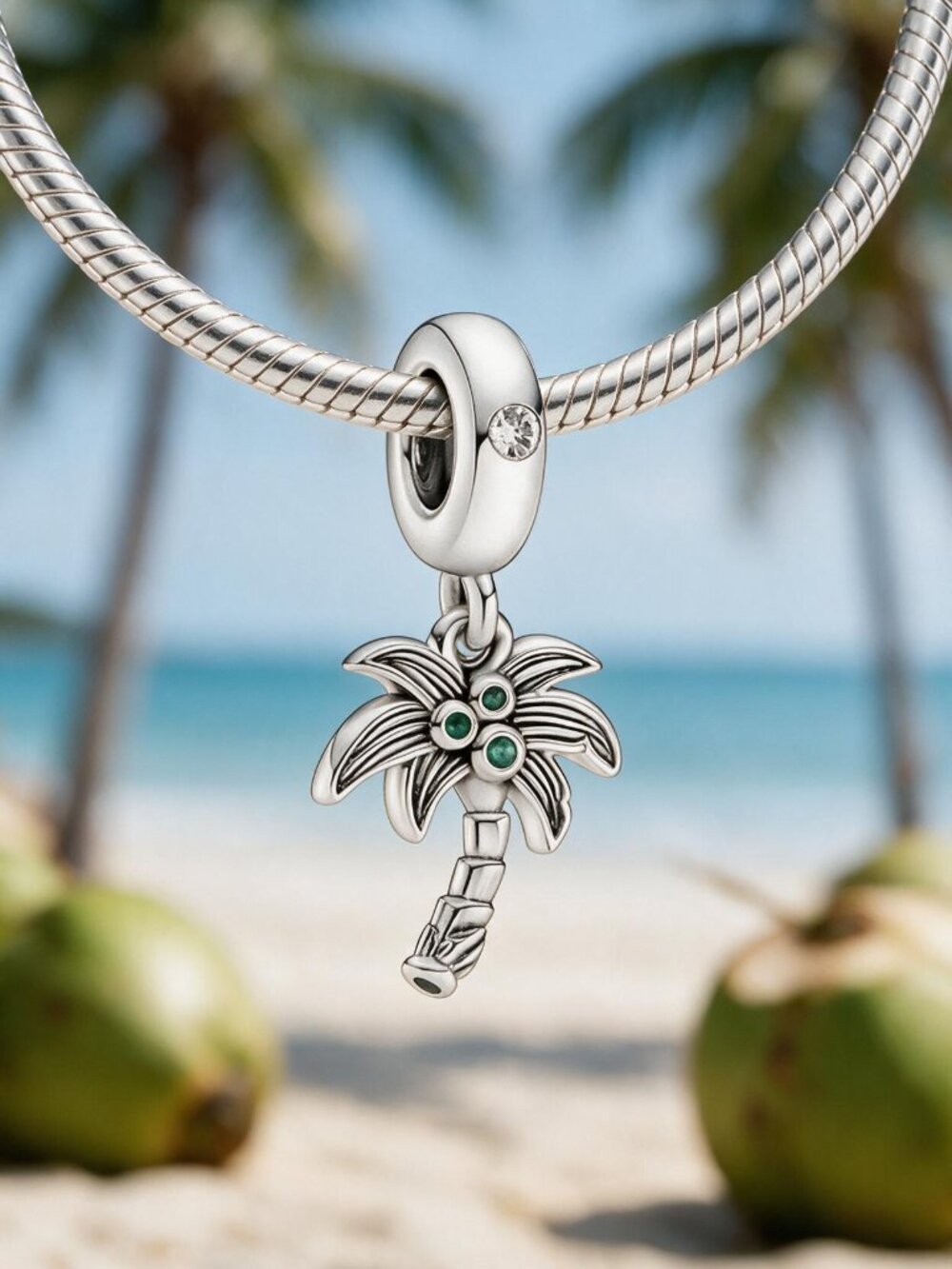 Silver Palm Tree Charm with Green Coconuts